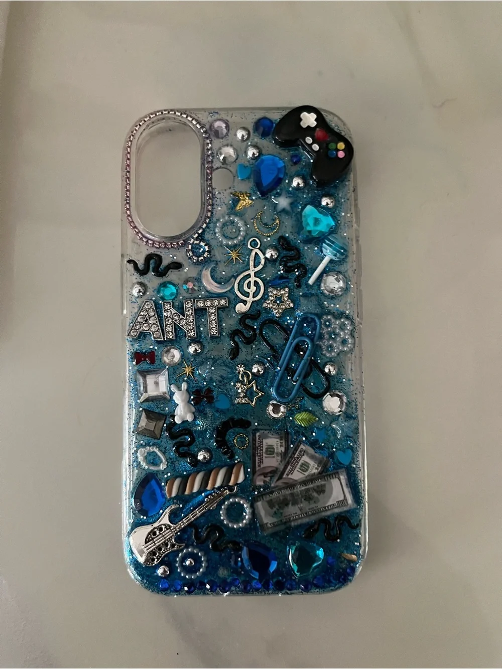 Apple Blue Glitter Deco Phone Case with Music & Game Charms